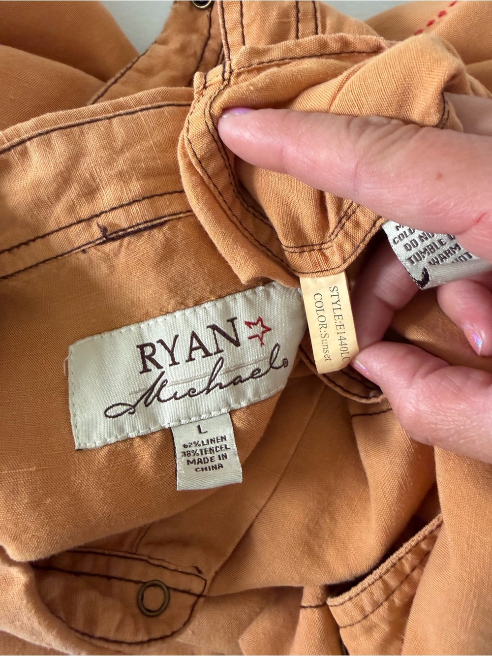 Ryan Michael Men’s Large Linen Blend Western Shirt Sunset Orange Embroidered - Picture 4 of 8